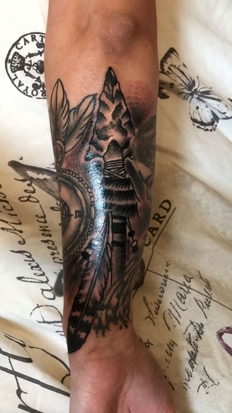 Tip Of The Spear Tattoo, Indian Theme Tattoo Sleeve, Native American Sleeve Tattoos For Guys, Indian Spear Tattoo, Men’s Native American Tattoo, Native American Theme Tattoo, Native American Wrist Tattoos, Indian Theme Tattoo, Spear Tattoo Men