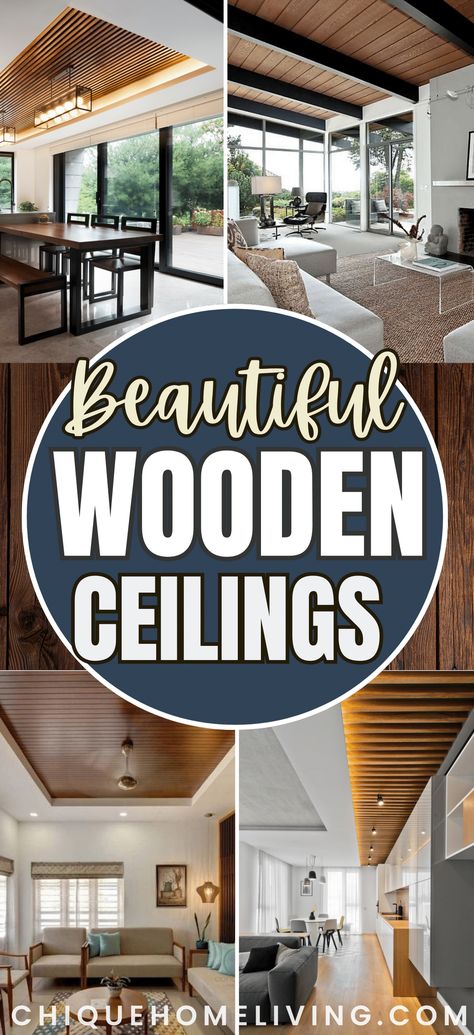 Open Ceiling Design Home, Wood In Ceiling Interiors, Wooden Ceiling Dining Room, Wooden Kitchen Ceiling Ideas, Wood Ceiling Design Living Room, Family Room Ceiling Design, Ceiling Living Room Ideas, Dark Wood Ceiling Living Room, White Oak Wood Ceiling