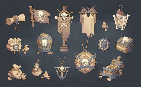 Pirate's props, Mariia Markina on ArtStation at https://www.artstation.com/artwork/bKDg4d Pirate Props Concept Art, Pirates Design, Pirate Items, Pirate Props, Golden Age Of Piracy, Pirate Cat, Pirate Accessories, Pirate Games, Props Concept