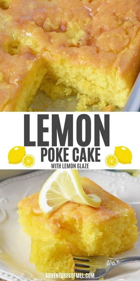 Let's make Grandma's favorite lemon poke cake with lemon glaze, using a cake mix. This easy recipe makes a fluffy cake with a simple lemony icing drizzled on top. It's a luscious lemony dessert everyone will love. Lemon Pudding Poke Cake Recipe, How To Make Lemon Box Cake Better, Lemon Cake With Glaze Icing, Box Lemon Pound Cake Mix Recipes, Dessert With Lemon Pudding, Lemon Cake With Condensed Milk, Condensed Milk Lemon Cake, Yellow Box Cake Mix Recipes Instant Pudding, Lemon Cake With Lemon Glaze