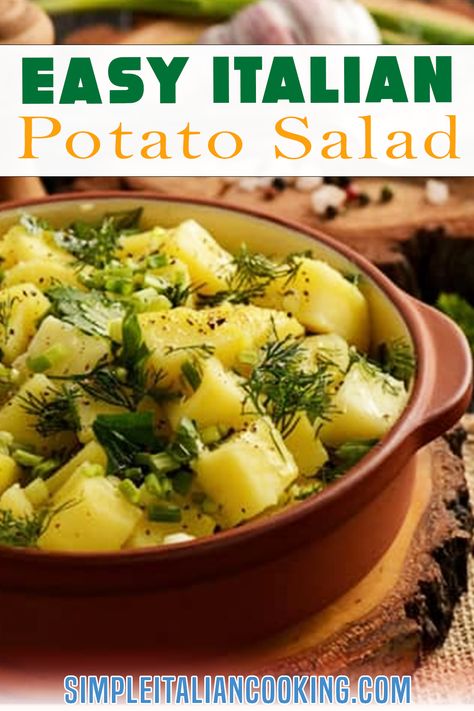 Italian Potato Salad in a brown glazed crock garnished with fresh green parsley. Parsley Potato Salad, Easy Italian Potato Salad, Potato Salad With Oil And Vinegar, Oil And Vinegar Potato Salad Recipe, Italian Style Potato Salad, Oil And Vinegar Potato Salad, Olive Oil Potato Salad, Vinegar Based Potato Salad, Mediterranean Potato Salad