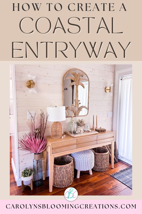 California Coastal Entryway, Modern Coastal Mirror, Small Coastal Entryway Ideas, Modern Coastal Entryway Ideas, Coastal Foyer Entryway, Coastal Entry Table, Beach House Entryway Ideas, Entryway Coastal, Coastal Entryway Ideas