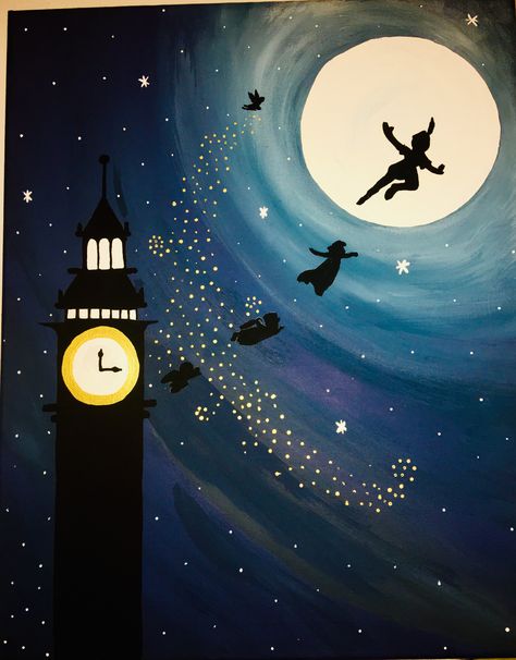 Peter Pan Canvas Painting Bodypainting, Tinker Bell Painting On Canvas, Peter Pan Pumpkin Painting, Paintings From Movies, Peter Pan Acrylic Painting, Peter Pan Canvas Painting, Peter Pan Painting Ideas, Peter Pan Painting Easy, Peter Pan Drawing Easy