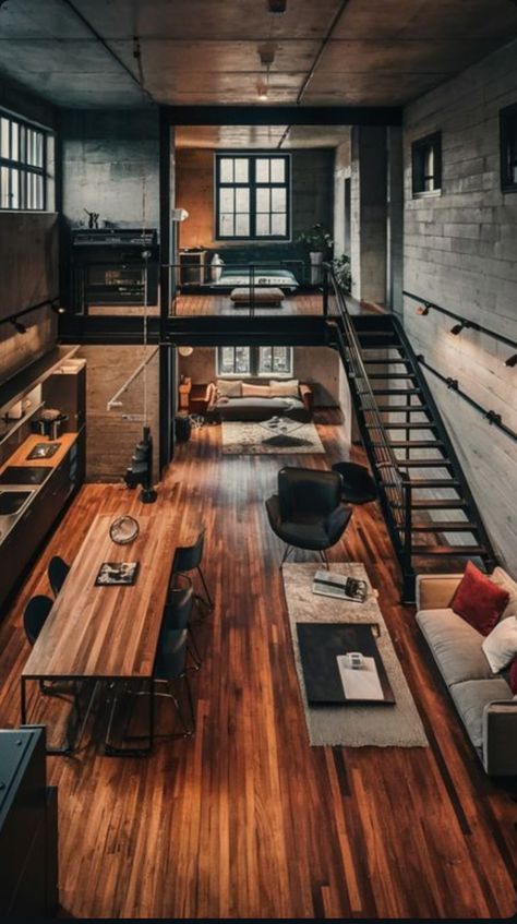 Green Loft Aesthetic, Barn Modern House, Loft Apartment Design Ideas, Modern Art Studio Design, Modern Industrial Loft Apartment, Small Loft House Design, Loft Design Interior, Urban Room Decor, Cozy Loft Apartment