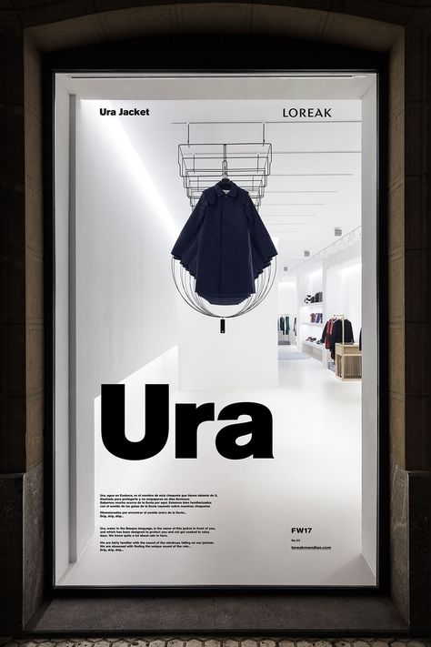 Sleek white walls and jagged volumes become editorial background in apparel brand Loreak’s store design by Pensando en Blanco. Graphic Layout, Window Display Design, Store Window, Shop Window Design, Retail Store Design, Retail Interior, Vegas Strip, Store Interior, Window Installation