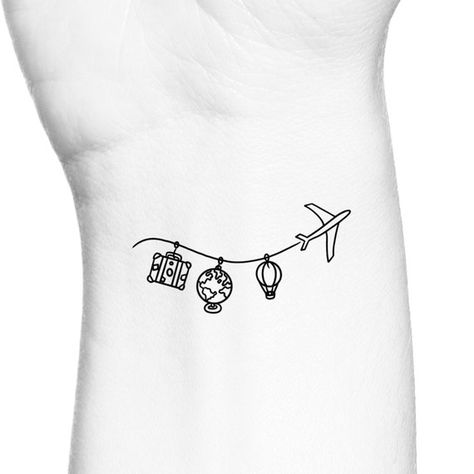 Airplane Word Travel Single Line Temporary Tattoo ***************** Size: The size of this Airplane Word Travel Single Line Temporary Tattoo VARIES between approximately 2 - 3 inches in width. ***************** Directions: 1. Cut excess paper around tattoo with scissors to eliminate any Plane Tattoo, Airplane Tattoos, Disney Tattoo, Cute Little Tattoos, Temporary Tattoo Designs, Dainty Tattoos, Up Tattoos, Single Line, Permanent Tattoo