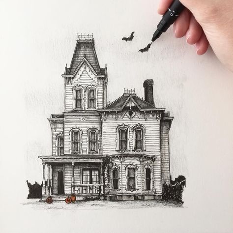 Victorian House. Urban Sketcher Architectural Building Drawings. By Phoebe Atkey. Haunted House Drawing, Building Drawings, Fineliner Art, Building Drawing, Architecture Sketchbook, Art Drawings Sketches Pencil, Architecture Drawing Art, Home Tattoo, House Drawing