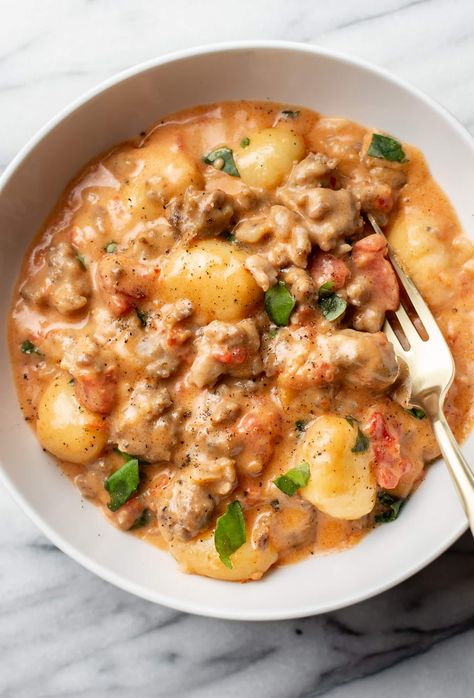 Cozy up with a bowl of this creamy Italian sausage gnocchi recipe! It's fast, feels a little fancy, yet is simple to make at home. Creamy Sausage Gnocchi, Italian Sausage Gnocchi, Gnocchi With Sausage, Creamy Gnocchi, Sausage Gnocchi, Gnocchi Recipes Easy, Gnocchi Dishes, Thanksgiving Meals, Gnocchi Recipe