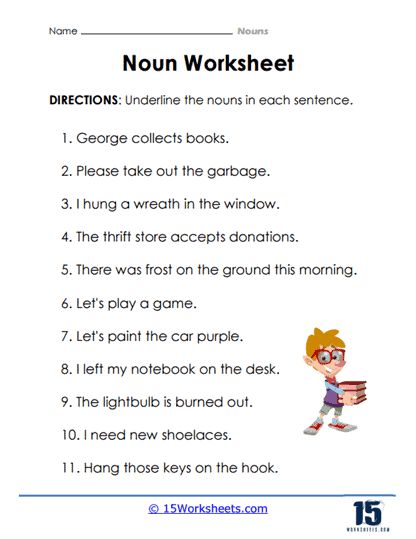 Underline The Nouns Worksheet - 15 Worksheets.com Underline The Nouns Worksheet, Identifying Nouns Worksheet, Noun Activity For Grade 1, Kinds Of Nouns Worksheet, Noun Worksheet For Grade 1, Nouns For Kids, American English Words, Picture Story For Kids, Eng Grammar