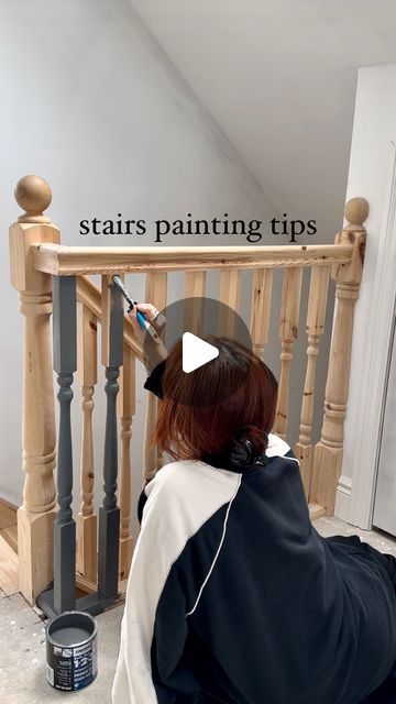 Stairs Painted In Farrow And Ball Railings, Navy Stair Railing, Dark Grey Staircase Painted, Navy Blue Stair Railing, Stairwell Painting Ideas, Painting Stair Spindles Black, Painted Spindles On Stairs, Painted Stair Spindles, Painted Banister Ideas