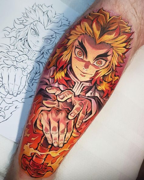 O T A K U T A T T O O on Instagram: “Flame Pillar Rengoku for Liam! Cheers dude! Just like any train in the UK, Mugen Train is taking ages to get here 😐 • Simonkbell.com for…” Bleach Tattoo, Slayer Tattoo, Hunter Tattoo, Attack On Titan Tattoo, Manga Tattoo, One Piece Tattoos, Naruto Tattoo, Cartoon Character Tattoos, Omerta Tattoo