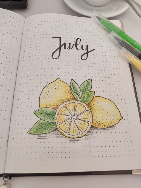 Journal Monthly Cover, Monthly Cover Page, July Bullet Journal, Cover Page Ideas, Bullet Journal Titles, Bullet Journal Work, Bullet Journal Minimalist, Bullet Journal Monthly, Lemon Theme