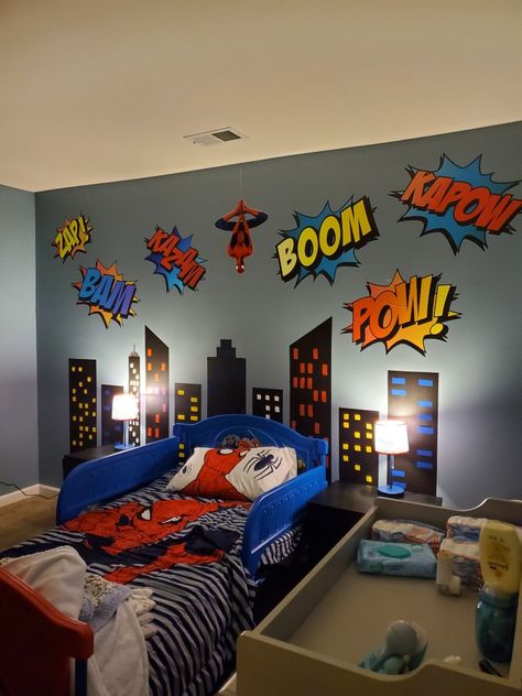 Superhero Themed Room, Superhero Themed Bedroom, Superhero Bedroom Paint Ideas, Super Hero Bedroom Kids Rooms, Toddler Boy Room Superhero, Boys Bedroom Ideas Age 4, Kids Avengers Bedroom, Toddler Boy Superhero Bedroom, Spidey Room Decor