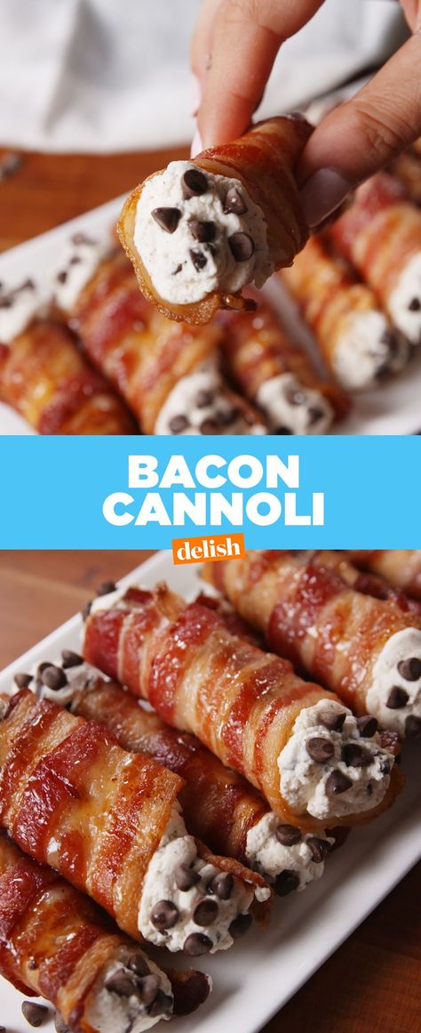 Bacon Cannoli. Can You Hang?Delish Bacon Cannoli, Caramel Bacon, Bacon Desserts, Maple Caramel, Chips Dip, Cannoli Recipe, Chocolate Doughnuts, Cheesecake Dip, Bacon Appetizers