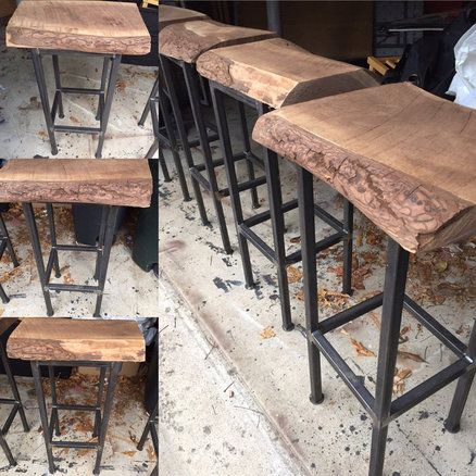 Diy Live Edge Bar Stools, Live Edge Bar Stools, Diy Rustic Bar Stools, Live Edge Furniture Ideas, Homemade Bar Stools, Live Edge Ideas, Bar Stools Diy, Outside Bar Stools, Diy Bar Stool