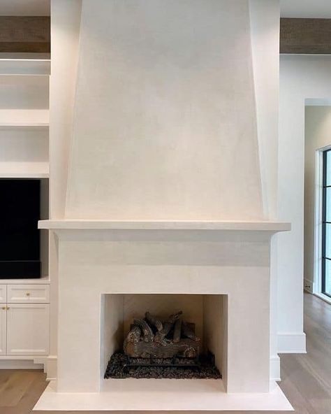 Black Mantle Decor, Plaster Fireplace, Black Mantle, Stucco Fireplace, Built In Electric Fireplace, Venetian Plaster Walls, Build A Fireplace, Bedroom Fireplace, Venetian Plaster