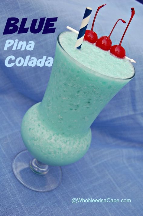 Blue Piña Colada - Who Needs A Cape? Blue Pina Colada, Strawberry Alcohol Drinks, Summer Entertaining Recipes, Frozen Drinks Alcohol, Pina Colada Drinks, Fruity Alcohol Drinks, Frozen Drink Recipes, Pina Colada Recipe, Green Detox Smoothie