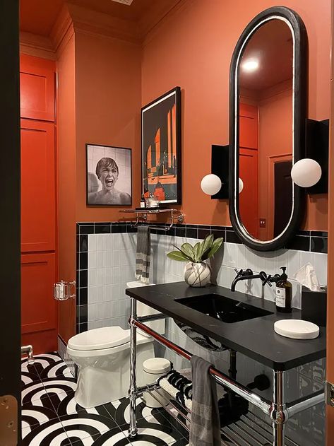 Funky Bathrooms, Funky Bathroom Ideas, Funky Bathroom, Bold Bathroom, Orange Bathroom, Galley Style Kitchen, Eclectic Bathroom, Pink Kitchen, Kitchen Styling