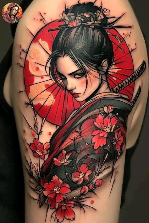 Japan Tattoos For Women, New Japanese Tattoo Design, Japanese Tattoo Ideas Female, Tato Japan, Japan Tatoos Ideas, Japanese Female Samurai Tattoo, Tattoo For Legs Woman, Women Samurai Tattoo, Japanese Tattoos Design