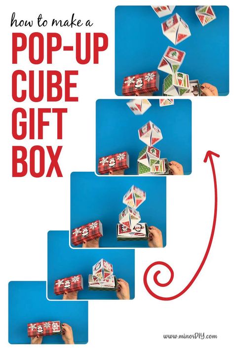 Easily make this amazing DIY Christmas gift box with your Cricut! The pop-up cubes leaping out will delight whoever opens it! #papercraft #cricut #cricutmakerproject #handmadeChristmas Cricut Gift Box Svg Free, Surprise Explosion Box Diy, Christmas Box Cricut, Diy Pop Up Money Card, Pop Open Box Diy, Pop Up Money Box Card, Diy Exploding Gift Box Pop Up, Pop Up Boxes Diy, Christmas Exploding Box Ideas