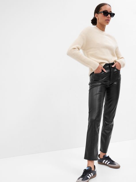 High Rise Vintage Slim Vegan-Leather Pants | Gap Factory Leather Pants Outfit Casual, Faux Leather Pants Outfit, Black Pants Outfit, Slim Pants Outfit, Pleather Pants, Leather Pants Outfit, Black Jeans Outfit, Pants Outfit Casual, Leather Pants Women