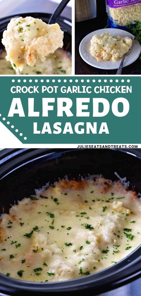 Crock Pot Garlic Chicken, Alfredo Lasagna Recipe, Lasagna Alfredo, Chicken Alfredo Lasagna Recipe, Crockpot Chicken Alfredo, White Chicken Lasagna, Chicken Lasagna Recipe, Alfredo Chicken, Chicken Alfredo Lasagna