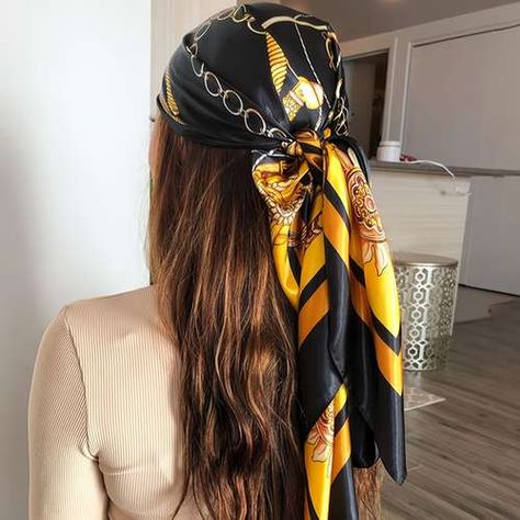 89,92 Cm Beltekjedetrykk Firkantet Skjerf Elegant Imitert Silke Sateng Hodeskjerf Uformelt Glatt Hals Skjerfsjal - Smykker Og Tilbehør - Temu Silk Scarf Hair, Silk Headscarf, نظارات شمسية, Scarf Silk, Patterned Scarves, Libya, Mongolia, Flower Fashion, Barbados