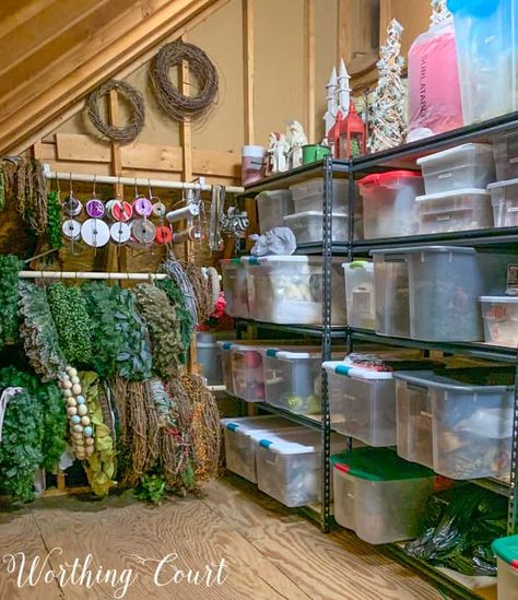 Wreath storage idea and loads of other ideas for attic organization. #atticstorage #atticorganization #wreathstorage #wreathorganization Attic Storage Organization, Organized Christmas Decorations, Attic Organization, Christmas Decoration Storage, Basement Organization, Ideas Closet, Wreath Storage, Attic Closet, Holiday Organization