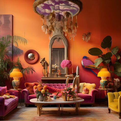 Hot Pink And Orange Living Room, Colorful Chandelier Living Room, Orange And Pink House Decor, Yellow Couch Pink Wall, Pink And Orange Living Room Ideas, Purple Maximalist Living Room, Pink Maximalist Office, Maximalism Wall Decor, Pink Orange Interior