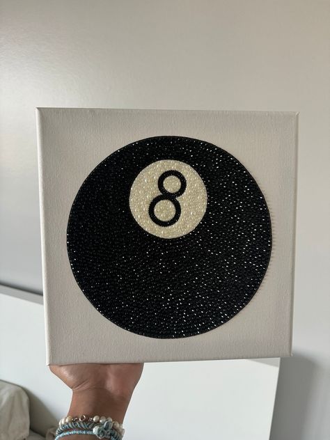 rhinestone embellished 8 ball 10x10 canvas, made with acrylic paint, black rhinestones and half pearls Diy Decorate Lighter, Rhinestone Designs Templates, Pink Canvas Art, Rhinestone Designs Pattern, Diamond Picture, Paint Black, Glitter Canvas, Easy Canvas Art, Diamond Paint