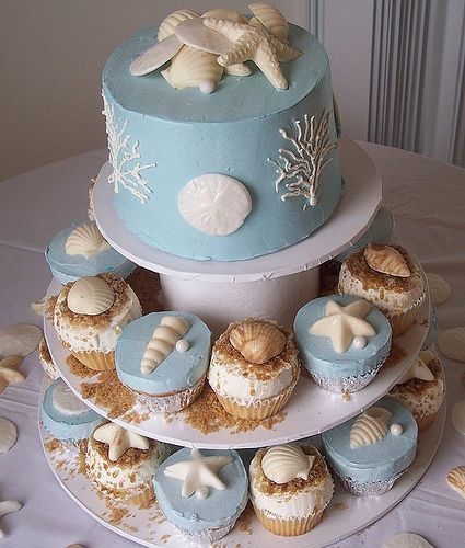 Wedding CupCake Towers; Wilmington, NC Carolina Cakes & Confections by Carolina Cakes & Confections, via Flickr Wedding Cupcake Towers, Beach Wedding Cupcakes, Blue Wedding Cupcakes, Seashell Cake, Cupcake Towers, Beach Theme Wedding Cakes, Cupcake Tower Wedding, Beach Themed Cakes, Sea Cakes