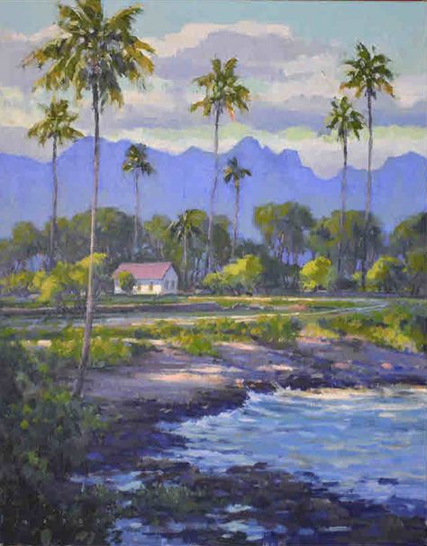 "Island Bliss - Cottage on Maui" 20x16 painted by local artist Ronaldo Macedo of Lahaina Galleries | for pricing & availability email us at lgi@maui.net see more of his work at: www.lahainagalleries.com Aloha! Case Creole, Porto Moniz, Easy Painting Projects, Hawaii Painting, Watercolor Paintings Nature, Tropical Painting, Hawaii Art, Palm Trees Painting, Tropical Landscape