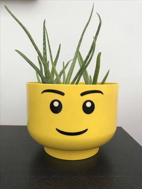 My Lego head plant pot! Lego Pottery, Plant Pot Upcycle Ideas, Lego Plant Pot, Funky Plant Pots, Plant Pot Ideas, Guy Bedroom Aesthetic, Weird Plant Pots, Monster Plant Pot, Plant Pot With Face