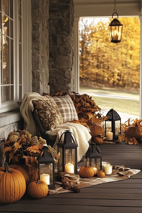 Welcome guests with outdoor Thanksgiving porch decor, featuring pumpkins, lanterns, and seasonal greenery for a warm, festive entry. #ThanksgivingPorch #SeasonalOutdoorDecor Thanksgiving Porch, Outdoor Thanksgiving, Thanksgiving Ideas, Porch Decor, Porch Decorating, Outdoor Space, Pumpkins, The Holiday, Lanterns