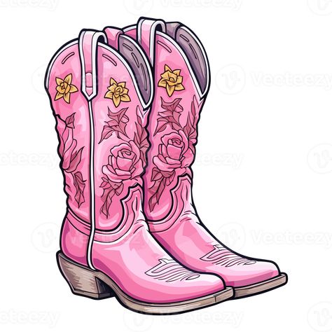 Pink cowboy cowgirl boots in western southwestern style, cowgirl illustration. Cowgirl Illustration, Boot Painting, Boots Illustration, Disco Cowgirl Party, Preppy Art, Pink Cowboy, Disco Cowgirl, Looks Country, Cowgirl Party