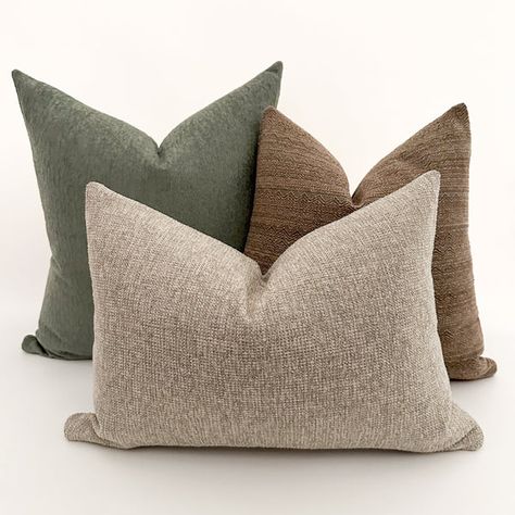 Shop decorative pillow covers made by us for your design. Enjoy a wide selection of colors and patterns for unlimited design possibilities. Styling A Light Grey Couch, Green Couch Pillows Ideas Color Schemes, White And Brown Living Room Decor, How To Style Throw Blanket On Sofa, Portfolio Moodboard, Light Gray Couch, Vibey Apartment, Grey Couch, Blankets And Pillows