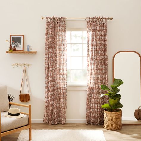 Bedroom Curtains Boho, Boho Bedroom With Curtains, Fall Window Curtains Ideas, Entry Way Curtain Ideas, Terracotta Curtains Bedroom, Cottagecore Curtains Living Room, Cozy Living Room Curtains, World Market Living Room, Boho Living Room Curtains Ideas