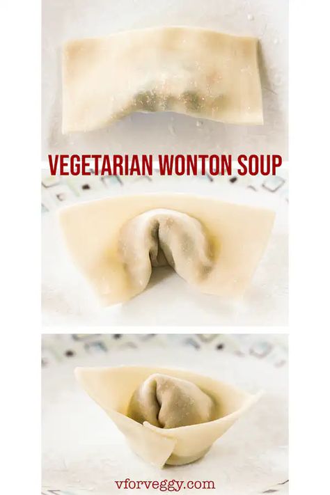 Vegetarian Wonton Soup | V for Veggy Tofu Substitute, Chicken Spring Roll, Vegetarian Wonton, Vegetarian Chinese Recipes, Recipe Tofu, Ear Mushroom, Wonton Soup Recipe, Asian Vegetarian Recipes, Chicken Spring Rolls