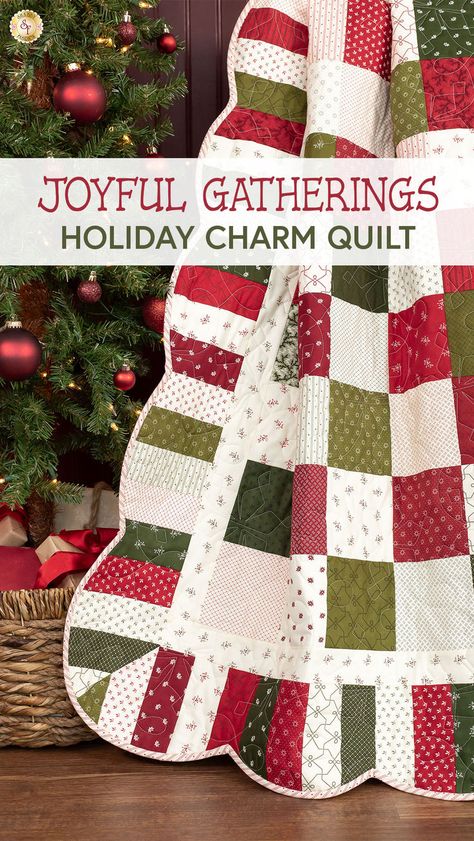 The Holiday Charm Quilt in the Holiday Charms - Joyful Gatherings collection designed by Primitive Gatherings for Moda fully captures the excitement of Christmas with classic prints. The basic piecing comes together easily, and be sure to watch the video as Jen shows you how to finish your quilt with a scalloped border! This quilt measures approximately 54-1/2" x 54-1/2". Christmas Quilting Projects, Charm Square Quilt, Christmas Quilt Blocks, Classic Prints, Christmas Patchwork, Christmas Quilt Patterns, Homemade Quilts, Flannel Quilts, Charm Quilt