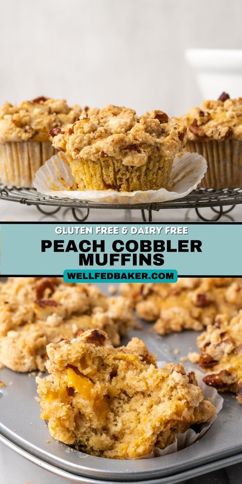 These gluten free & dairy free peach cobbler muffins are filled with fresh peaches and cinnamon and topped off with a crunchy streusel topping. They taste just like peach cobbler for breakfast. Whole Wheat Peach Muffins, Peach Recipe Gluten Free, Peach Muffins Gluten Free, Dairy Free Peach Cobbler, Peach Oatmeal Muffins, Fruit Filling Recipe, Peach Muffin Recipes, Cobbler Muffins, Gluten Free Peach Cobbler