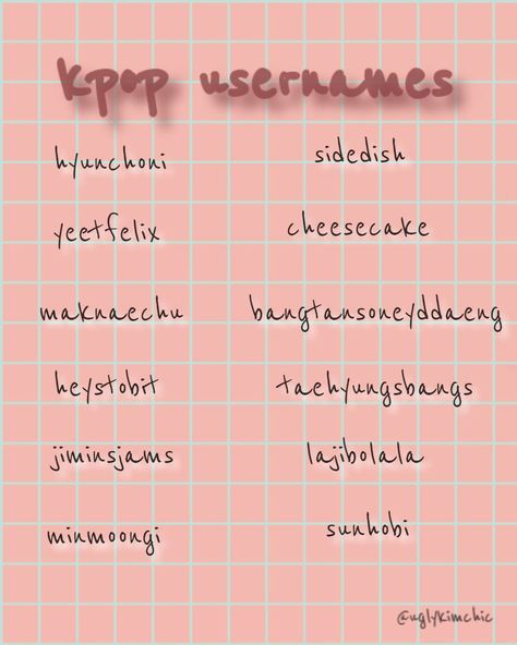 Cute Aesthetic Usernames Kpop, Kpop Fan Username Ideas, Cute Kpop Username Ideas, Cute K-pop Usernames, Jimin Username Ideas For Instagram, Aesthetic Usernames For Instagram Kpop, Usernames For Kpop Stans, Cute Usernames Kpop, Usernames For Kpop Editors