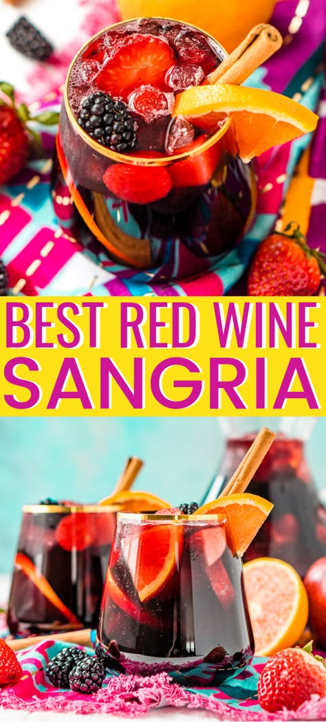 Red Wine Sangria isn’t overly sweet and is a delicious big batch cocktail the whole party will love! This Red Sangria Recipe is made with a mix of red wine, brandy, lemon-lime soda and loaded with oranges, apples, strawberries, and blackberries, plus a touch of cinnamon! #wine #redwine #sangria #redwnesangria #cocktail #alcoholic Red Wine Sangria Recipe, Red Sangria Recipe, Wine Sangria Recipe, Wine Slushie Recipe, Best Sangria Recipe, Moscato Sangria, Red Sangria Recipes, Easy Sangria Recipes, Red Wine Sangria