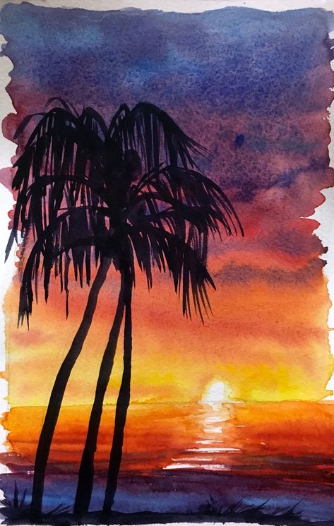 Watercolor Class Preview: How to frame and compose a painting based on imagination, not a reference photo How to mix powerful color combinations for beautiful sunsets How to apply wet-on-wet wash techniques to paint a... Palm Tree, Palm Trees, Watercolor Painting, The Sun, Trees, Sun, Watercolour Painting