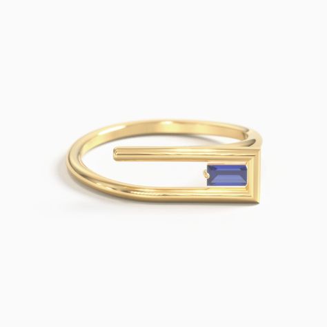 10K Yellow Gold Geometric Wire Ring with East-West Baguette Gemstone and Blue Sapphire Stone | Lee Fiori Blue Sapphire Stone, Contemporary Jewelry Design, Simple Band, Jewelry Diy Bracelets, Gold Rings Fashion, Wire Ring, Geometric Ring, Minimal Jewelry, Wire Rings