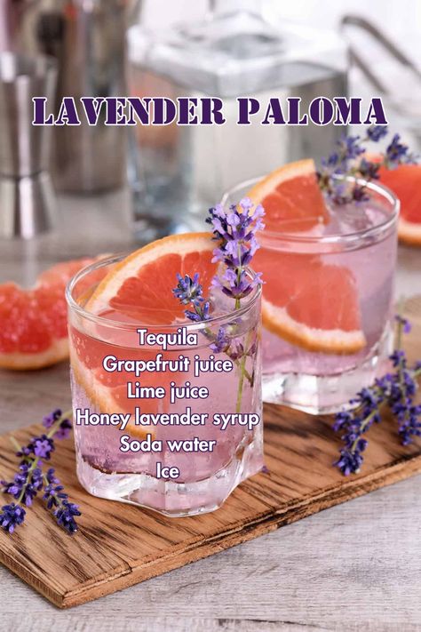 A Lavender Paloma cocktail garnished with a grapefruit slice and lavender sprig, served in a glass on a rustic table. Lavender Lemonade Cocktail Vodka, Mexican Paloma Cocktail Tequila, Lavender Paloma, Grapefruit Paloma Recipe, Greek Cocktails, Lavender Cocktails, Unique Alcoholic Drinks, Paloma Drink, Tequila Mix