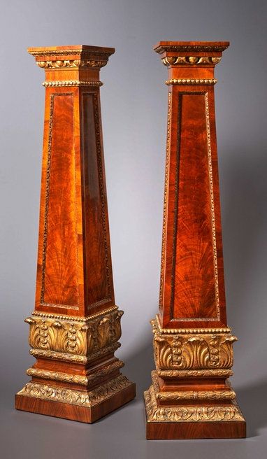 A PAIR OF REGENCY CARVED PEDESTALS, ENGLAND, CA 1815, Carved mahogany and parcel-gilt, Height 123.5 cm, width and depth of the top 22.5 cm. each. Marriage Wall Art, Stenciled Doors, Paris Date, Wooden Pillars, Ganpati Decoration At Home, Ganapati Decoration, Decoration For Ganpati, Pillar Design, Art Studio Design