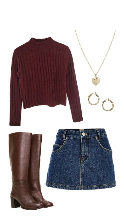 gotta love the dark denim and maroon combo Wine Skirt Outfit, Maroon Aesthetic Outfit, Wine Sweater Outfit, Maroon Skirt Outfit, Maroon Aesthetic, Wine Sweater, Maroon Outfit, Maroon Skirt, Denim Skirt Outfits