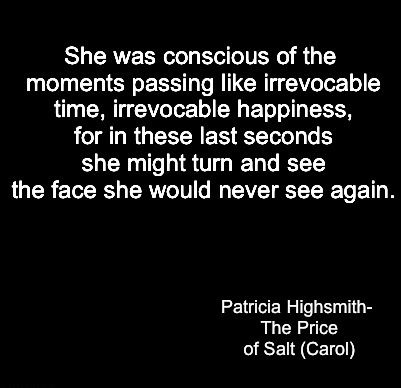 She was conscious of the moments passing like irrevocable time, irrevocable happiness, for in these last seconds she might turn and see the face she would never see again. Patricia Highsmith -The Price of Salt (Carol) The Price Of Salt Quotes, Patricia Highsmith Quotes, Salt Quotes, Carol Aesthetic, The Price Of Salt, Patricia Highsmith, Broken Hearts, Philosophy Quotes, Cassandra Clare