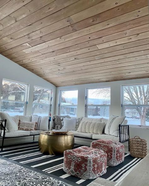 Stained and Planked Ceiling DIY – How-To! | Hometalk Wooden Wall Ceiling, Wood Ceiling Stain Ideas, Paneled Ceiling Kitchen, Stained Yellow Pine Ceiling, Wood Panel Vaulted Ceiling, Stained Wood Ceiling Porch, Wooden Plank Ceiling, Diy Ceiling Treatments, Wood Tongue And Groove Ceiling