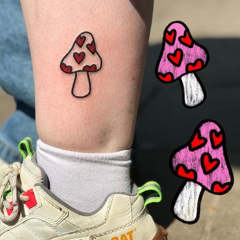 Cute And Funky Tattoos, Mushroom Cute Tattoo, Cute Tattoos Mushroom, Weird Cute Tattoos, Small Red Mushroom Tattoo, Heart Shaped Mushroom Tattoo, Mushroom With Hearts Tattoo, Tattoo Mushroom Trippy, Tattoo Sleeve Filler